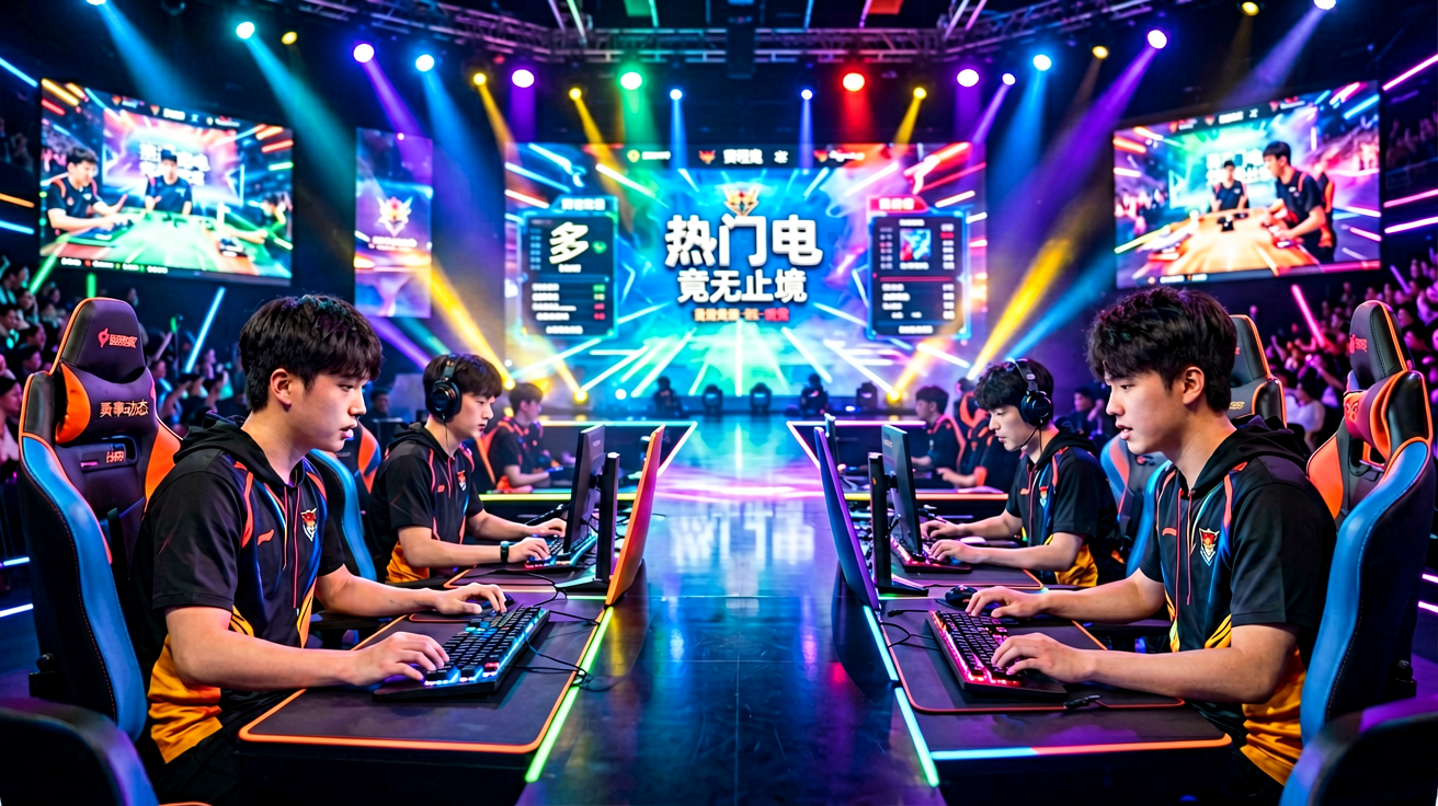 电竞比赛现场，舞台灯光璀璨，选手专注竞技
